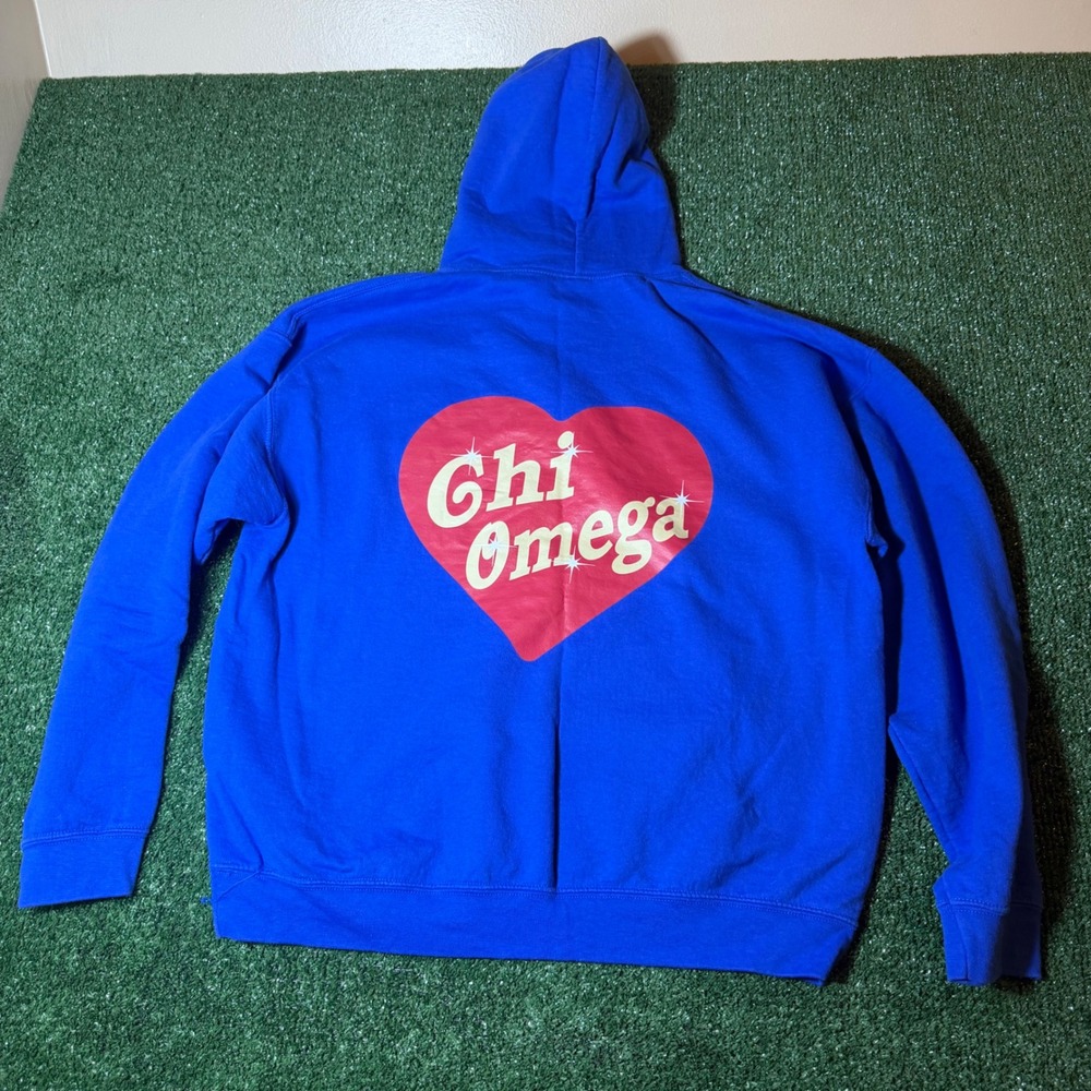 Chi Omega Sorority Heart Graphic Hoodie Royal Blue Pullover Sweatshirt XL